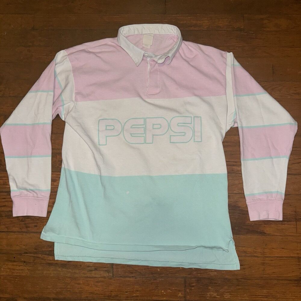 VTG 80s Single Stitch Pepsi Spelled Out Color Block letters Polo Rugby Shirt L